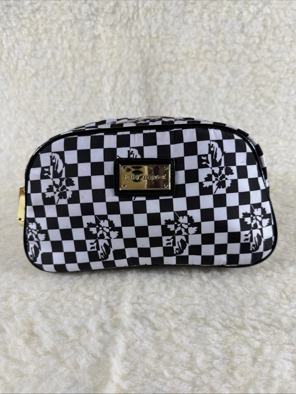 Betsey Johnson Black & White Checkered Cosmetic Pouch with Floral Motif